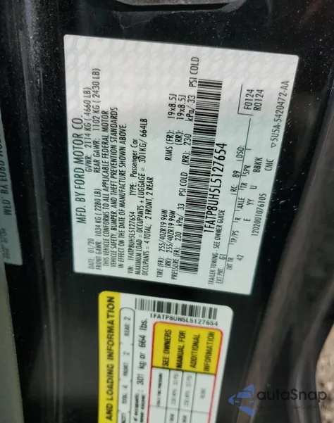 2020 Ford Mustang z USA, uszkodzony, nr VIN 1FATP8UH5L5127654